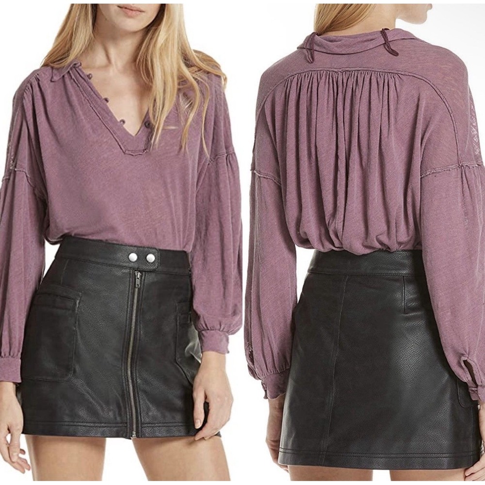 Free People Women's Rush Hour Balloon Long Sleeve Mulberry Purple Henley Size M